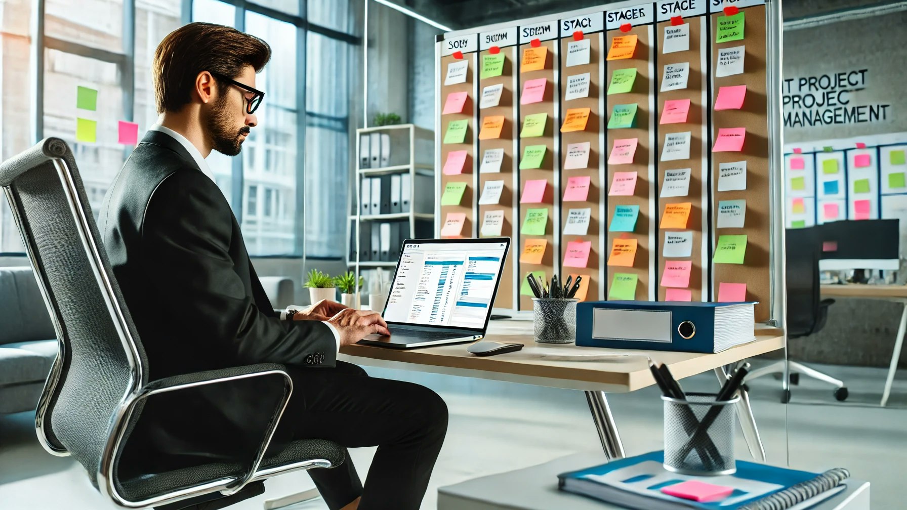 Dalle 2024 06 25 223433 An It Project Manager Working At A Desk With A Laptop  Behind The Manager There Is A Kanban Board Filled With Colorful Sticky Notes Representing Diff
